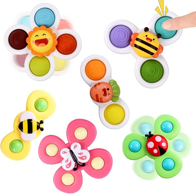SUMJOY 6PCS Suction Cup Spinner Toys for Girls Boys Kids Age 1-6 - Sensory Suction Bath Toys for 1-3 Year Old