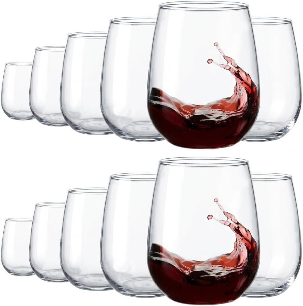 Stemless Wine Glasses Set of 12, 16.5 oz Smooth Clear Glasses for Red & White Wine, Durable Glassware for Home, Bar, Party, and Daily Use (Smooth Clear)