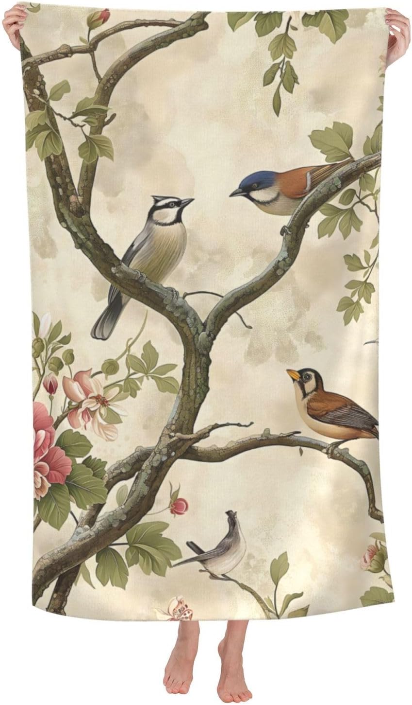 Vintage Floral Bird Beach Towel Birds Sand-Free Microfiber Bath Towel Ultra Soft Quick Dry Pool Towel Absorbent Towel Lightweight Towel Gifts for Outdoor Bathroom Swimming Decor 31inx51in