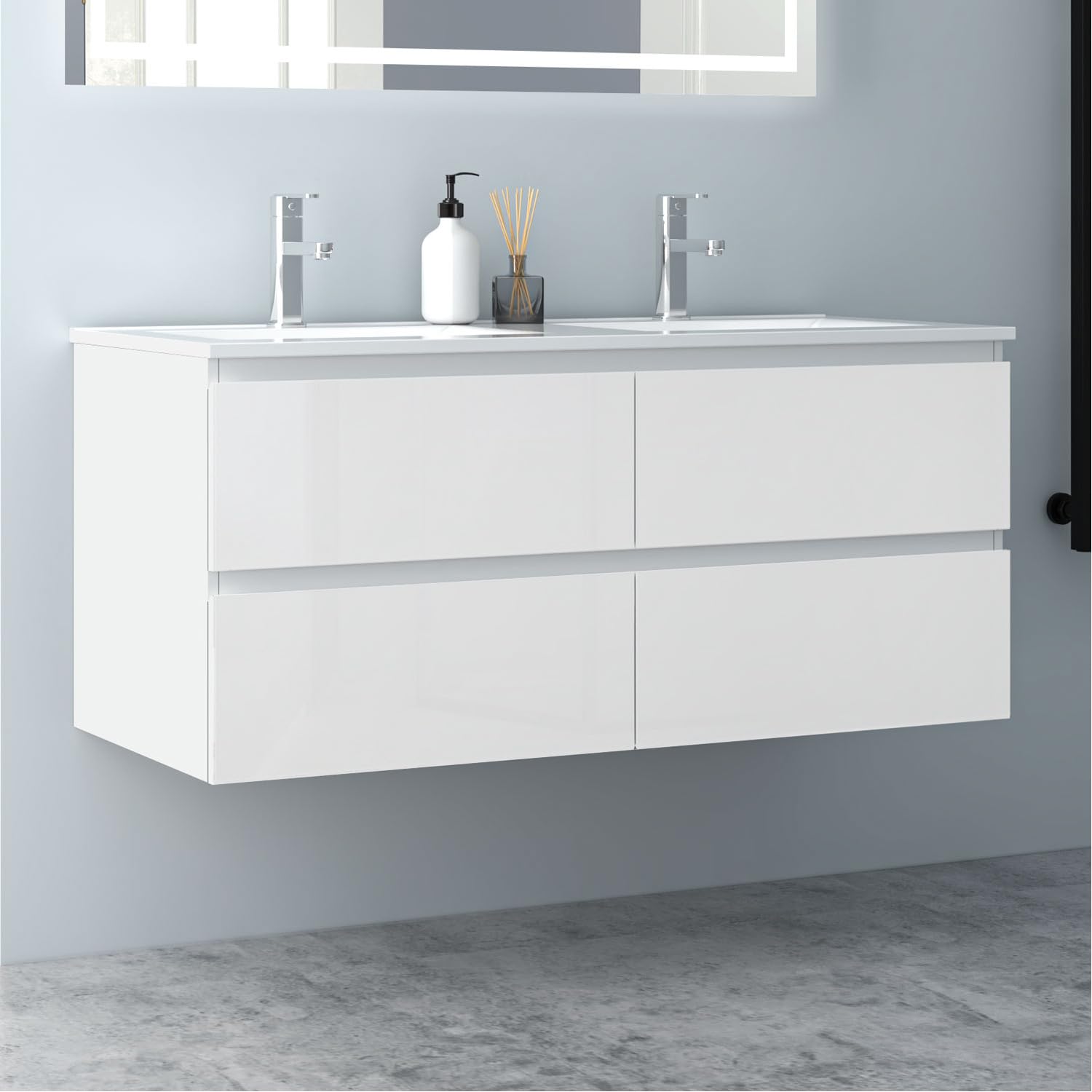 Badezimmermöbel 120cm Keramik Waschtisch mit Unterschrank Badmöbel Set Badezimmerschränke mit 2 Soft-Close Schubladen Hochglanz Weiß