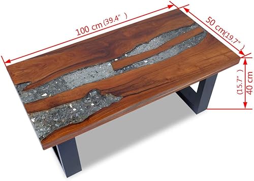 Miniatura 4 de vidaXL Mesa de centro de madera maciza de teca y mango hecha a mano con decoración de resina transparente, estilo industrial, multicolor, 39.4 x