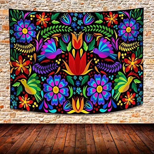SHRAPHY Mexican Flower Embroidered Art Wall Hanging - Large 100x90 Inches Ethnic Birds Plant Vine Leaf Tapestry GTLSUH1223