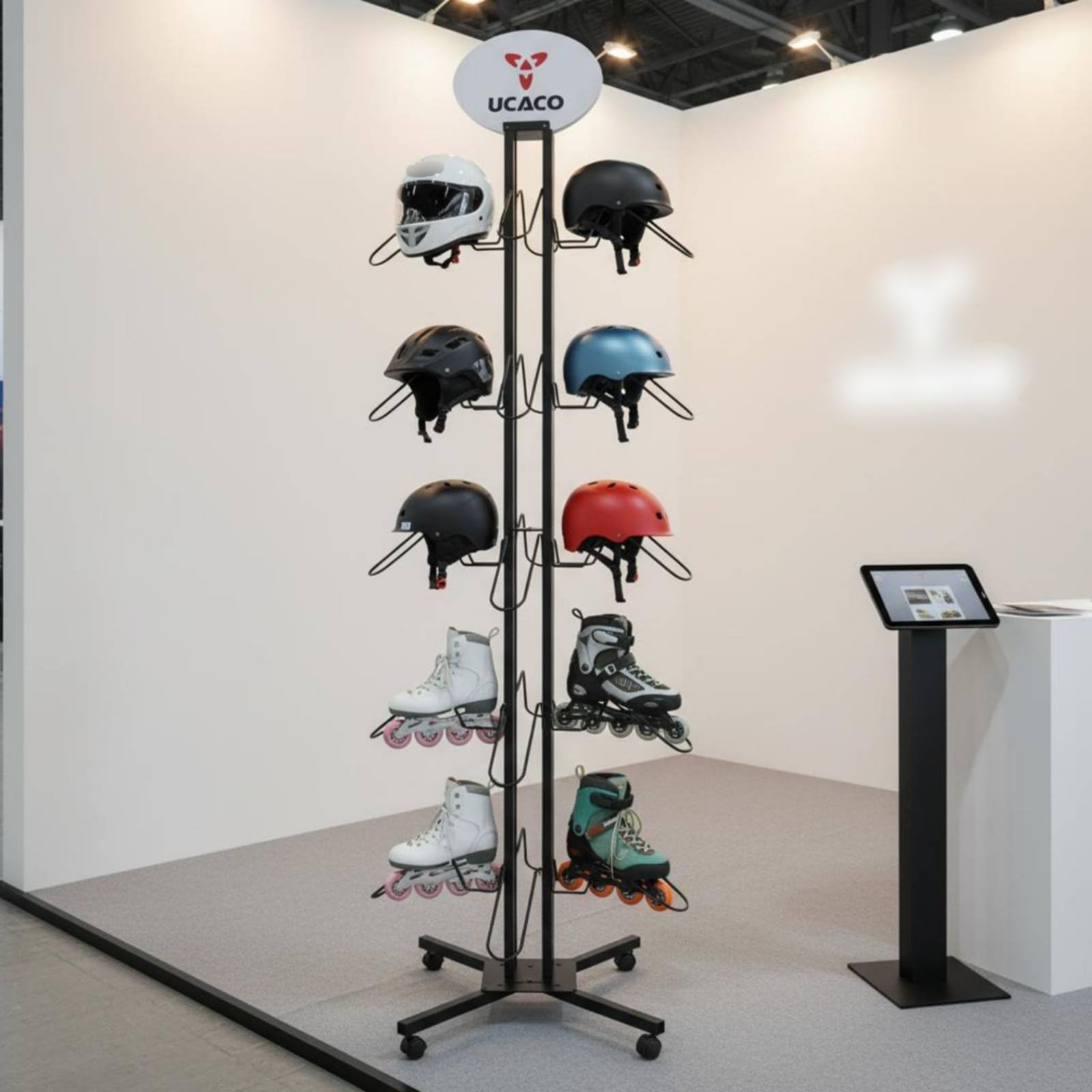 Soporte para Cascos y Patines Estante Perchero Organizador Hierro Forjado Resistente con Ganchos Laterales para Exhibición y Almacenaje Vertical Adecuado para Tiendas Áreas Deportivas