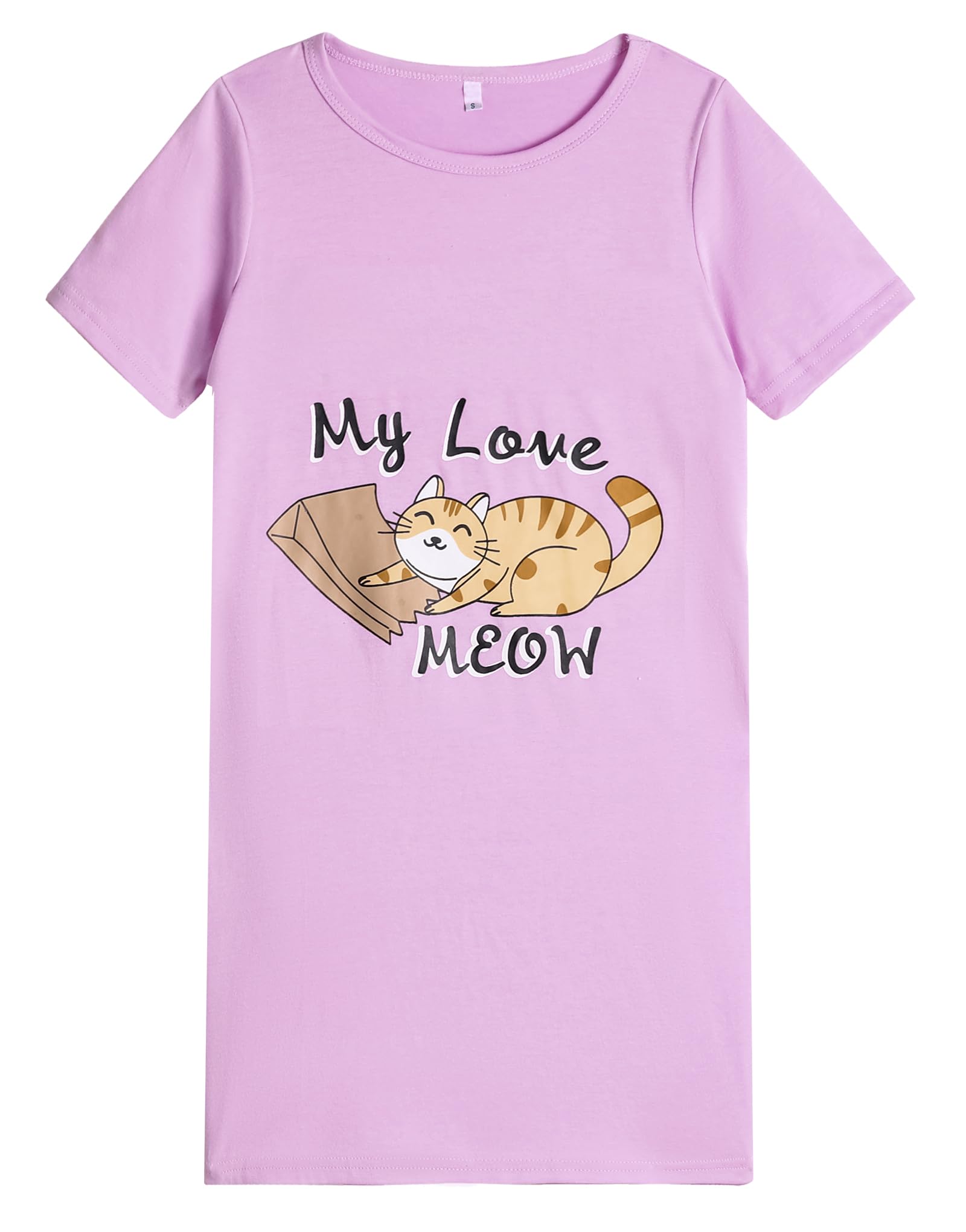 Hupohoi Big Girls' Summer Cartoon Sleepwear Cute Panda Lovely Cat Nightgown Cotton Sleepshirt Dress