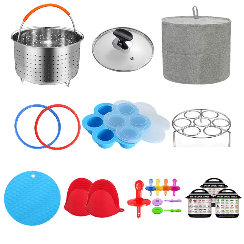 3 Quart Pressure Cooker Accessories Compatible with Instant Pot 3 Qt - Steamer Basket, Cloth Cover, Glass Lid, Silicone Sealing Rings, Egg Bites Mold, Egg Steamer Rack and More
