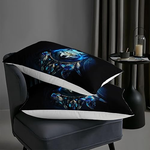 Miniatura 6 de AILONEN Juego de edredón de atrapasueños de lobo, tamaño Queen, juego de ropa de cama con estampado de cabeza de lobo azul, juego de edredón de