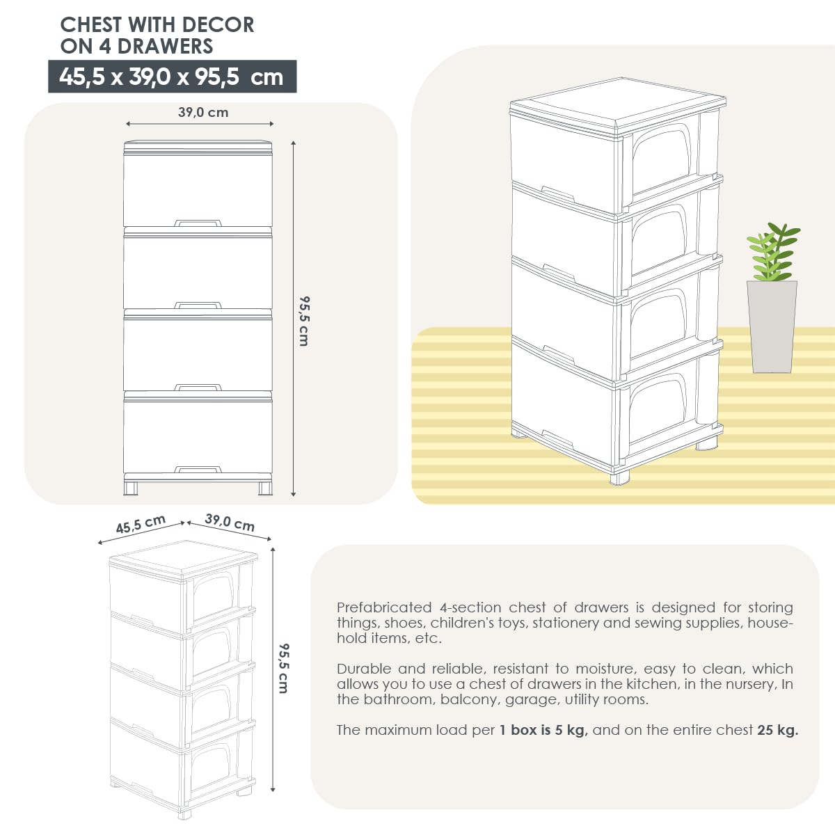 KMND Kommode mit 4 Schubladen Design Dekor | Kunststoff Aufbewahrungsschrank für Kinderzimmer Bad Küche | moderner Organizer Möbel pflegeleicht langlebig & vielseitig - Weiß-Rosa, Mädchen