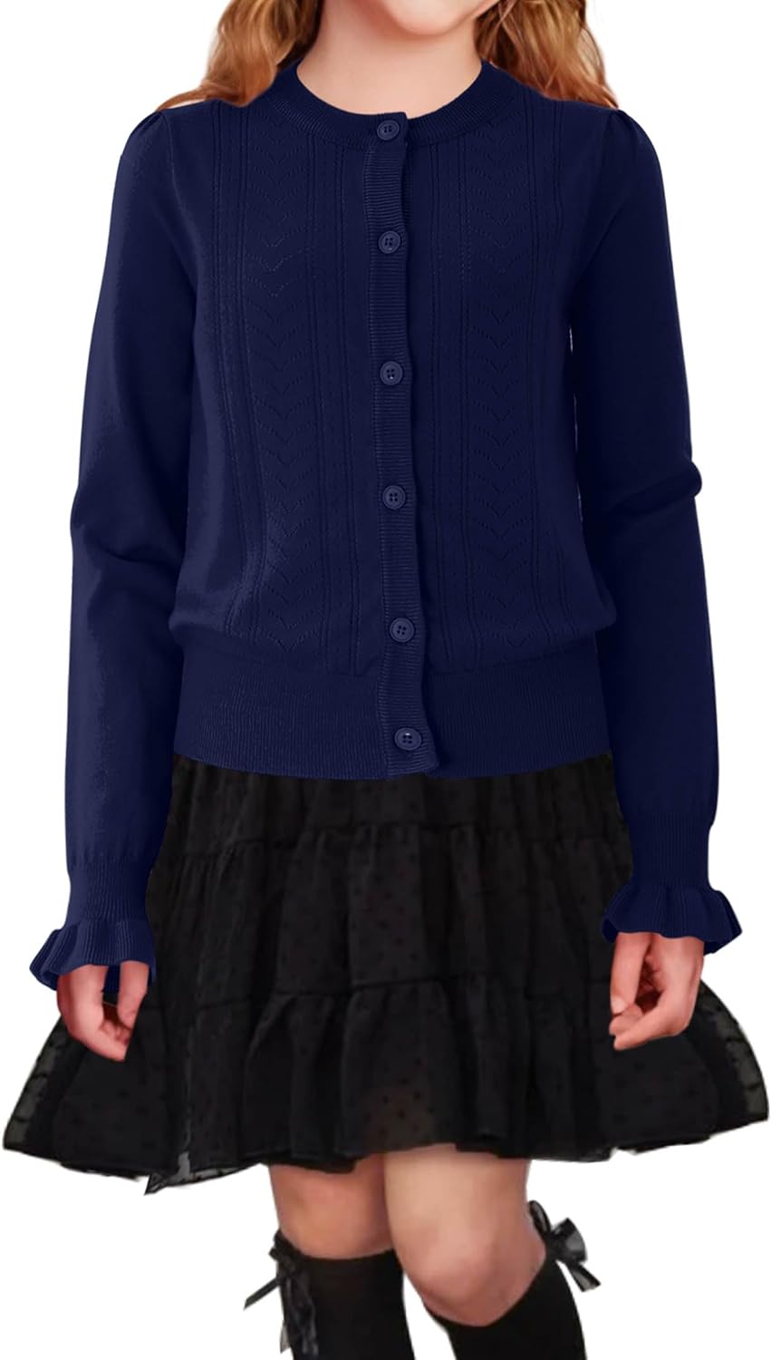 Girls Cardigan Sweater Long Sleeve Crewneck Button Closure Knitted Ruffle Uniform Sweater 5-14Y - Image 2
