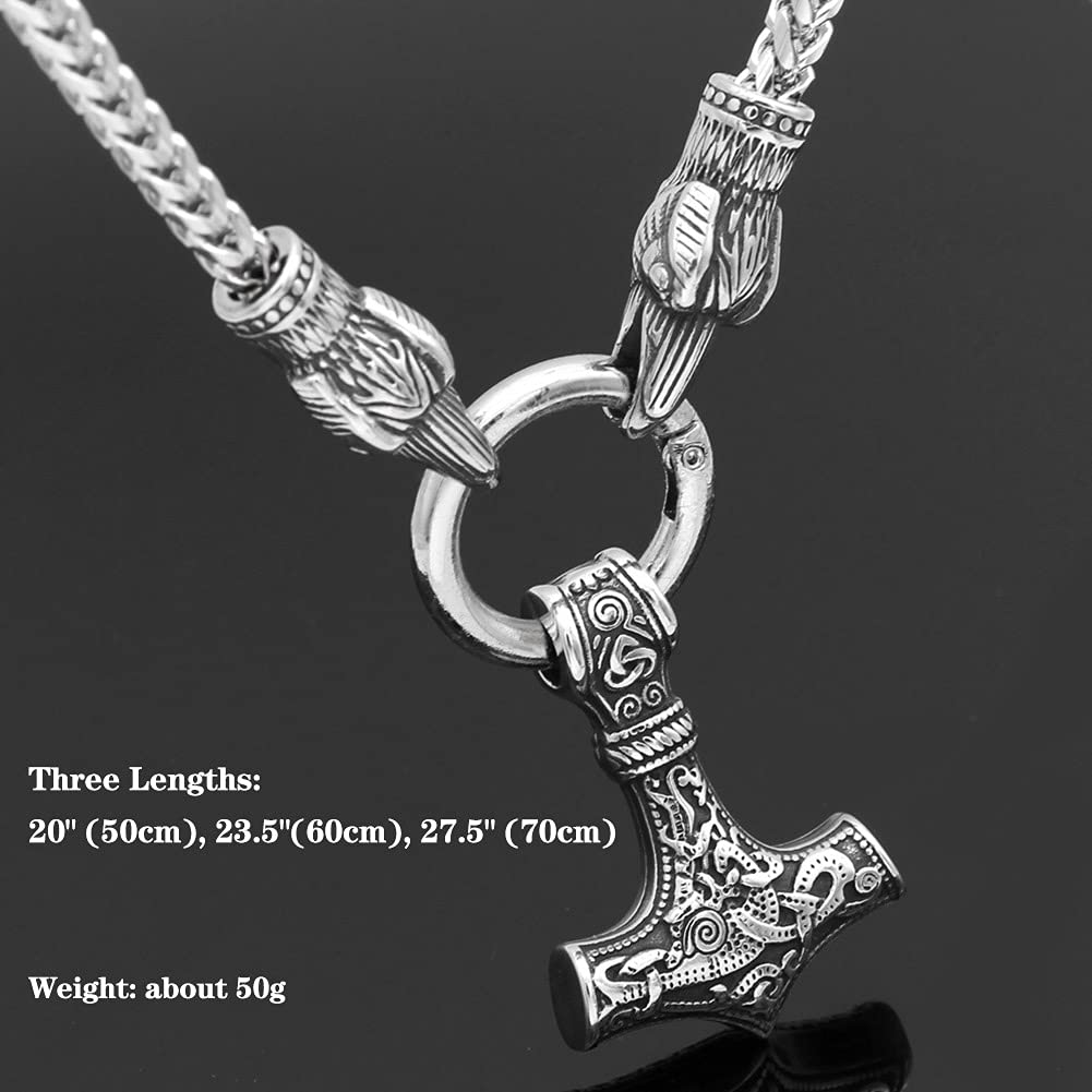 Nordische Mythologie Edelstahl Doppel Rabenköpfe Halskette, Runder Schnallenring, Thors Hammer Anhänger, Dicke Kette, Wikinger Mjolnir Amulette, Retro Skandinavischer Schmuck