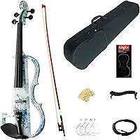 Kinglos Kit de violino elétrico/silencioso avançado de madeira sólida colorida com flores azuis brancas 4/4 com acessórios ébano tamanho completo (DSG1201)