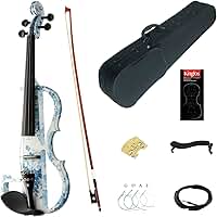 Kinglos Kit de violino elétrico/silencioso avançado de madeira sólida colorida com flores azuis brancas 4/4 com acessórios ébano tamanho completo (DSG1201)