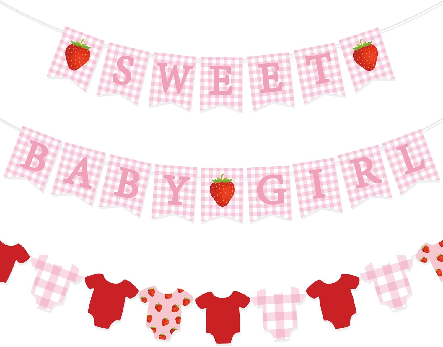 Maitys 3 Pcs Strawberry Girl Baby Shower Banners Pink Gingham Garland