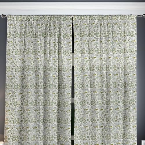 Image of CPC Curtains 100% Cotton Block Print Curtain Living Room Curtains (Set of 2) Easy Hanging with a Rod Pocket for Farmhouse, Office & Living Rooms, Dining Room Drapes (Agate Green, 52x84 Inches)