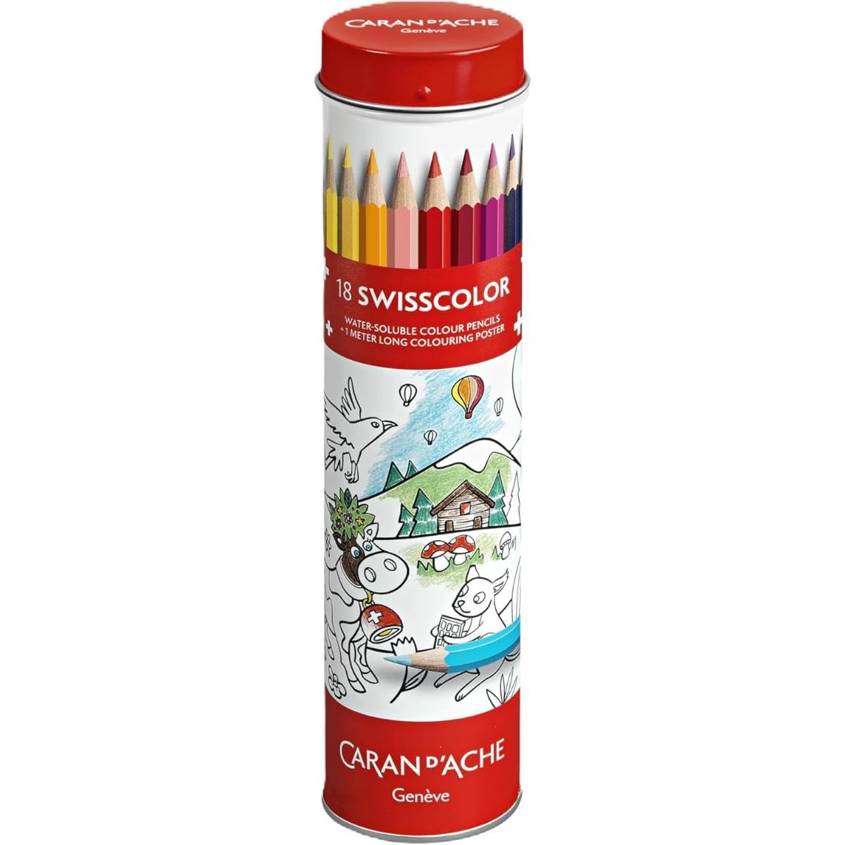 Caran d'Ache Metal Tin 18 Water-soluble Colouring Pencils Swisscolor + Poster on the Theme Animals of Switzerland