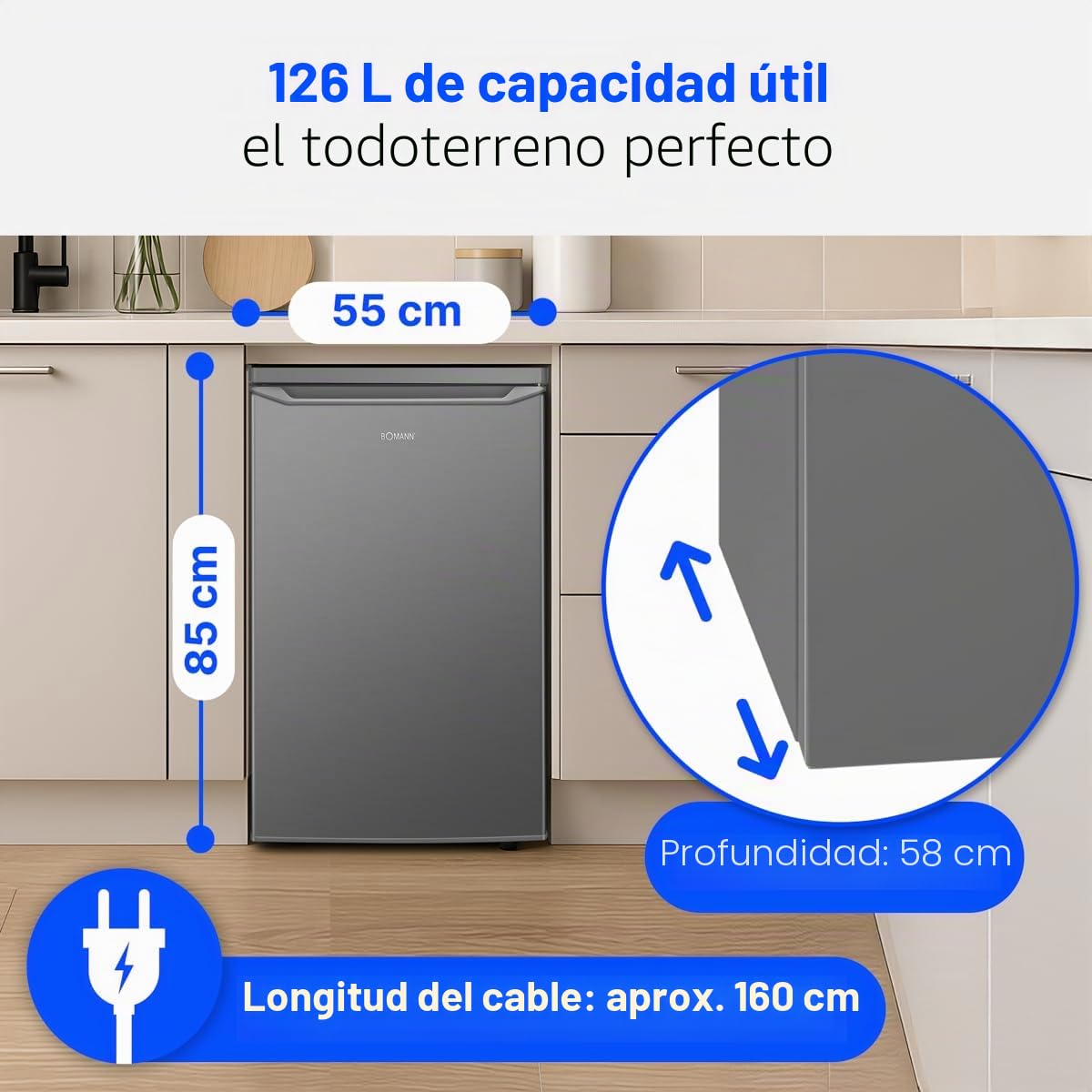 Frigorífico Bomann® sin congelador - Clase energética C - 85 cm - 5 años de garantía del compresor - Frigorífico pequeño - 0-8 °C - 35 dB de funcionamiento silencioso - 3 estantes - 126 L