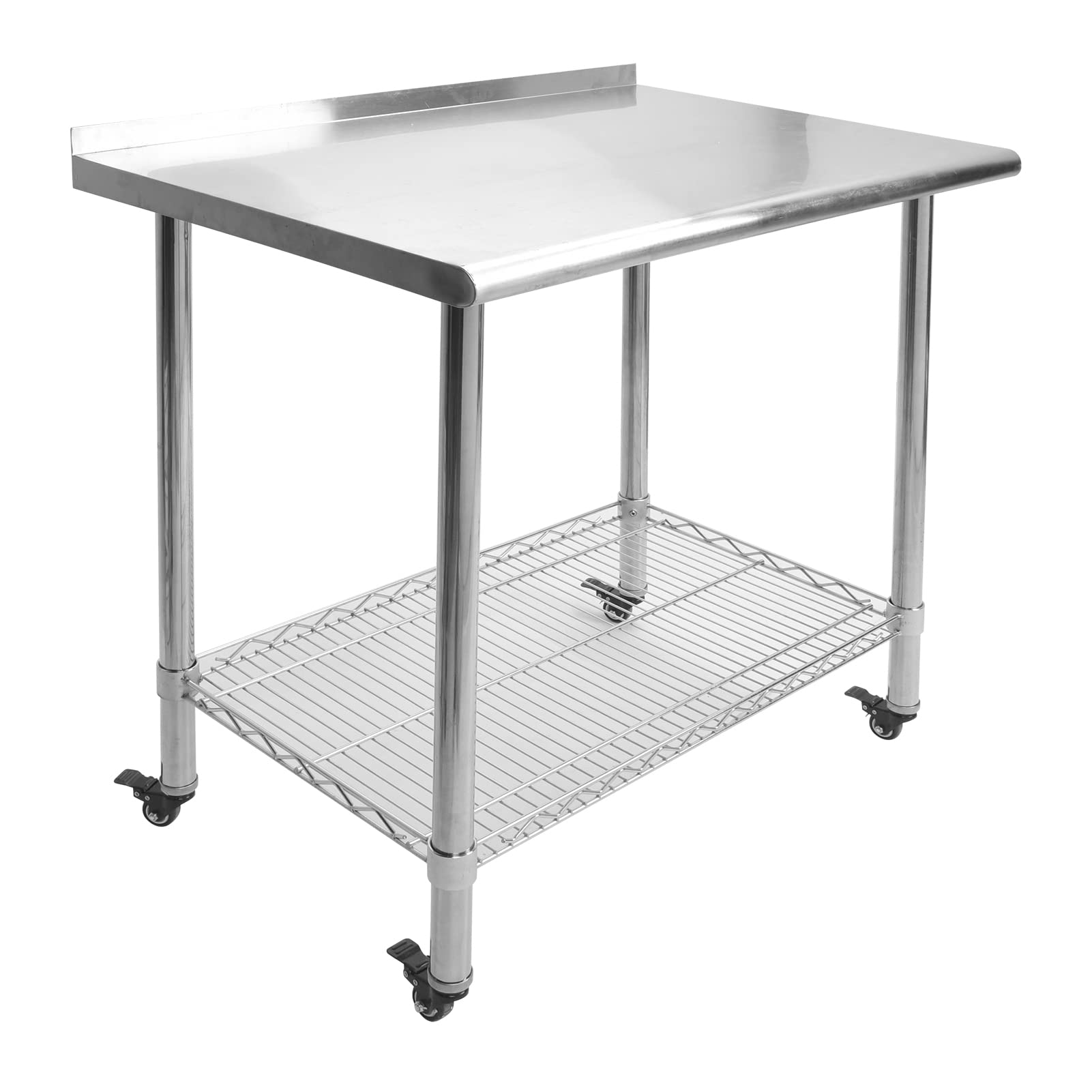 Wakects Mesa de Trabajo de Acero Inoxidable con 2 Niveles, con Frenos de Ruedas, Mesa de Cocina Gastronómica de Almacenamiento