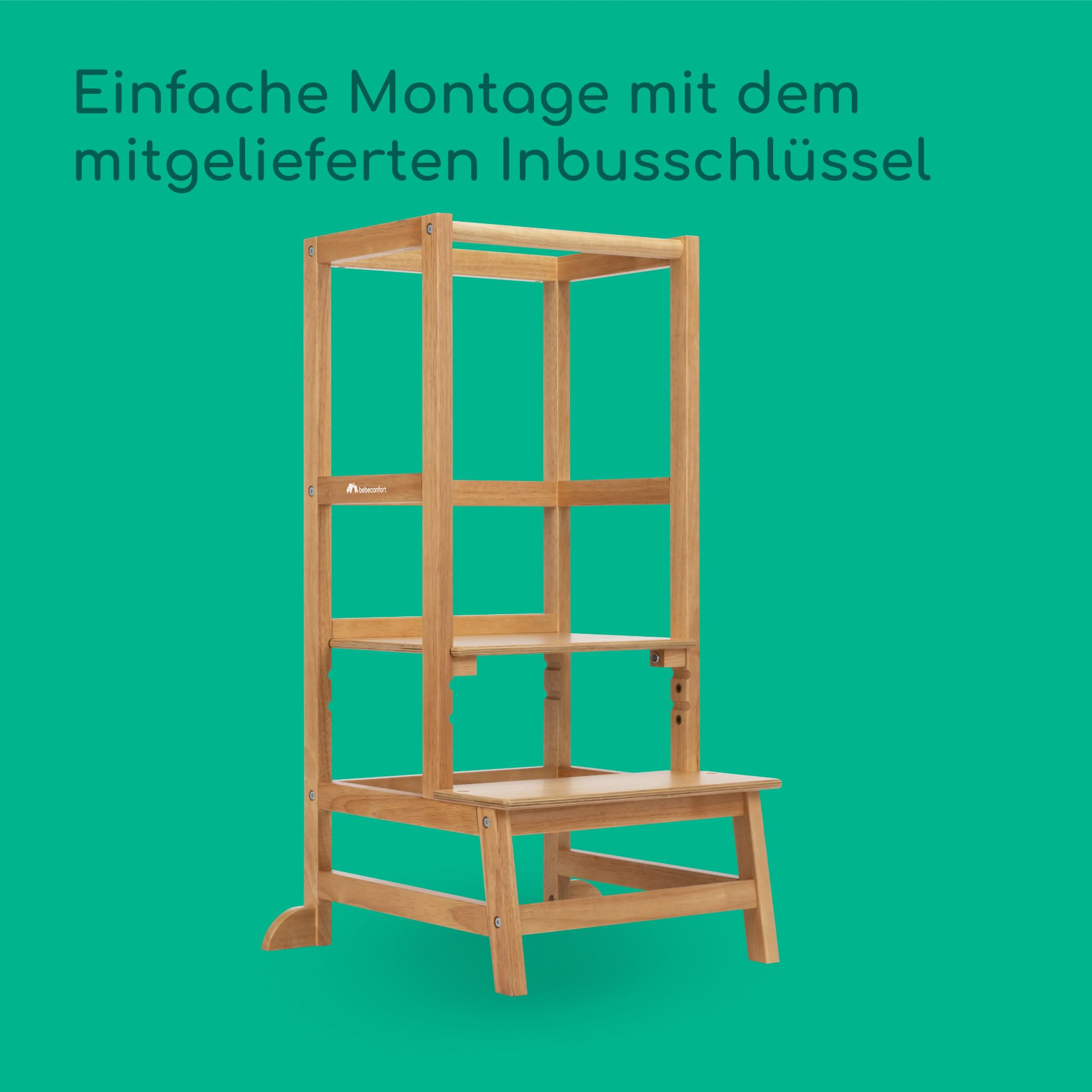 Bebeconfort Nola, Montessori Lernturm Kinder, 1,5–6 Jahre (bis zu 30 kg), 3 Höhenstufen, geprüfte Sicherheit, 6,4 kg leichter Turm für Kleinkinder, langlebiges Design, einfache Montage, Natural Wood