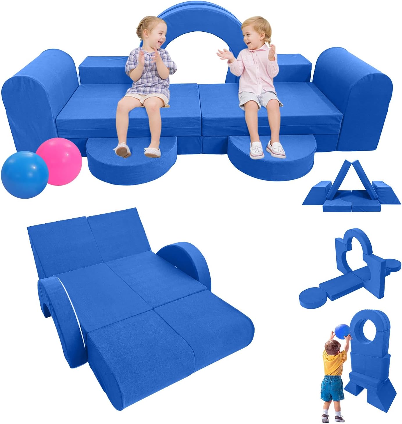 Modular Kids Play Couch - 12pcs Convertible Kids Sofa Couch Building Fort Play Sofa Comfy Toddler Foam Chair Play Fort in Playroom/Nursery with Hook and Loop