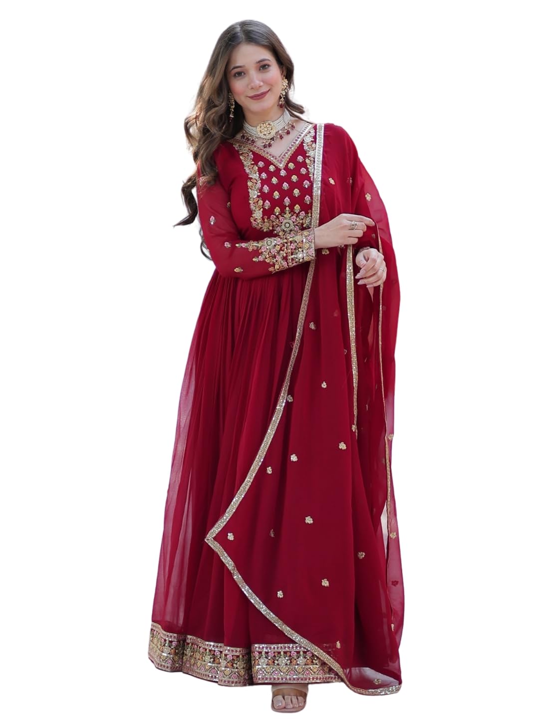 Maroon Georgette Anarkali Suit with Embroidered Dupatta for Weddings & Parties-image-32