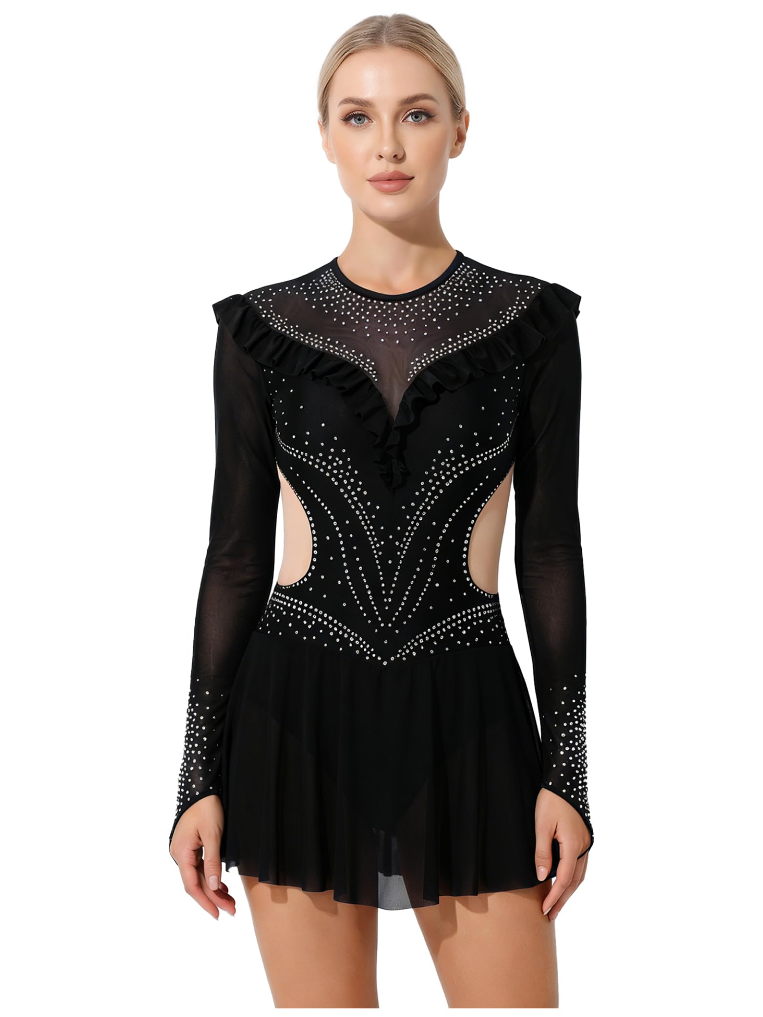 Vestito da donna Pattinaggio Artistico Danza sul Ghiaccio Vestito Strass Manica Lunga Body