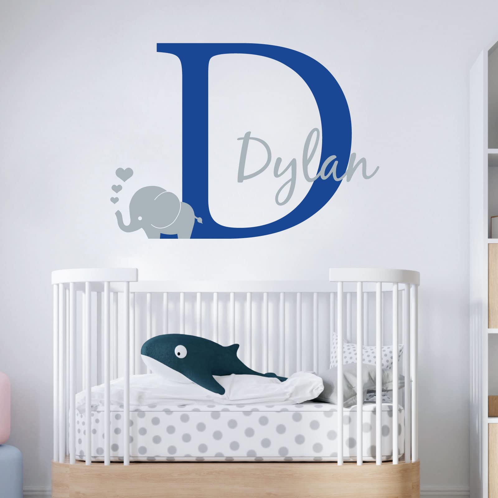 Personalised Baby Girl/Boy Name with Initial Letter and Baby Elephant, Hearts - 2 Colours [Large] [Mid Blue]