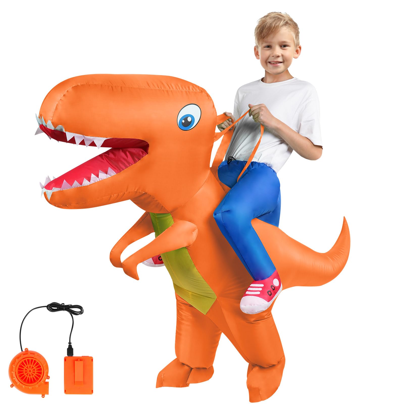 AOOWU Dinosaur Costume, Deluxe Dinosaur Inflatable Costume T-Rex Blow up Fancy Dress for Kids, Funny Ride-on Green Dinosaur Halloween Costumes for Halloween Cosplay Masquerade Party, Orange