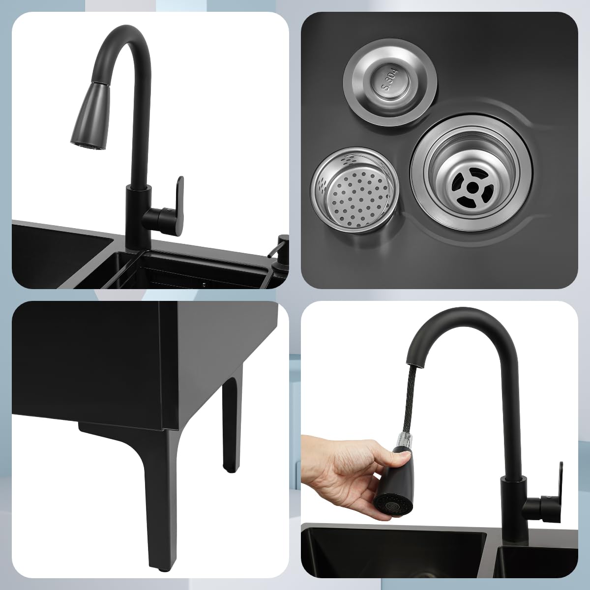 Évier Double 75x41cm Acier Inoxydable Noir, Lavabo avec Armoire et Robinet Extractible, Ensemble Complet de Cuisine avec Égouttoir, Moderne Meuble évier Pour Cuisine Buanderie