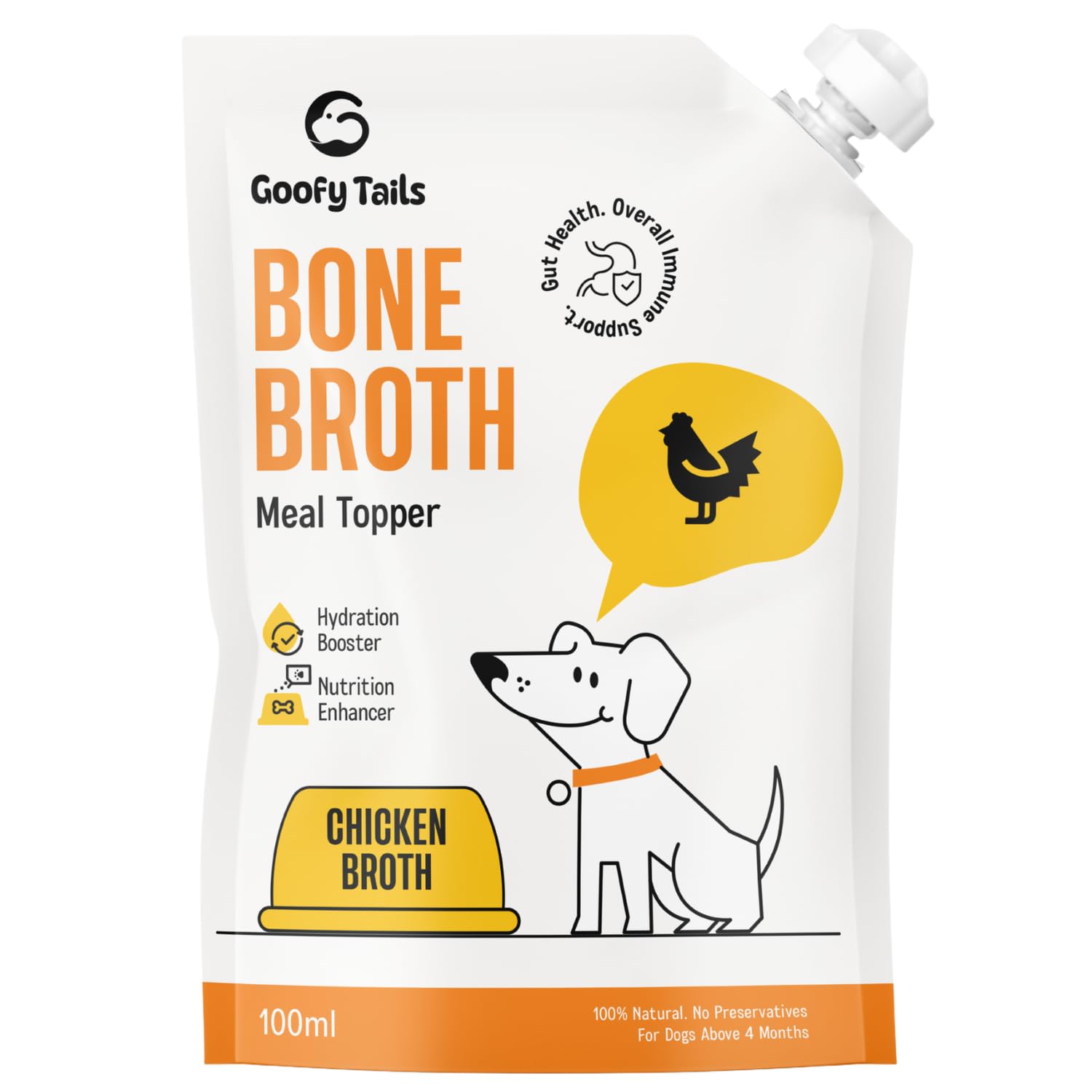 Chicken Bone Broth for Dogs 100ml (100ml X 1 Pack), Human Grade, Preservative Free, Gut Friendly Dog Food Topper, Dog Supplements with Natural Collagen