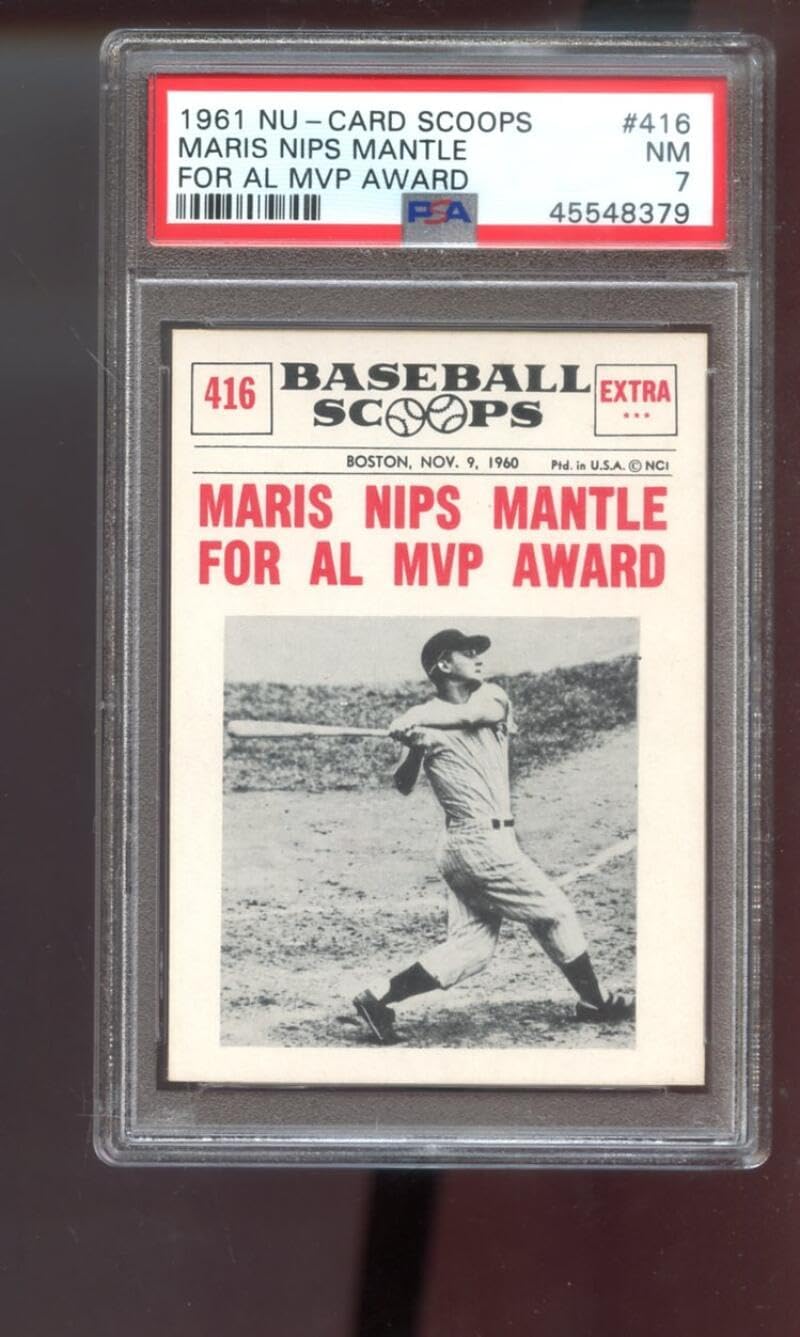 1961 Nu-Card Baseball Scoops #416 Roger Maris Nips Mickey Mantle For AL MVP Award PSA 7 Graded Card MLB