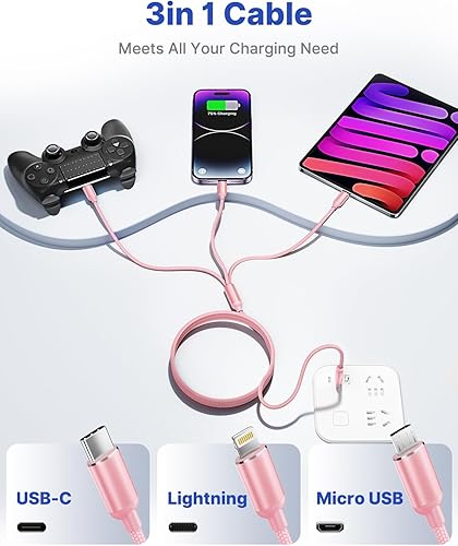 Miniatura 5 de Aioneus Cable de carga múltiple, paquete de 2 cables de carga múltiple de 4 pies, cable de carga universal 3 en 1, adaptador USB múltiple trenzado