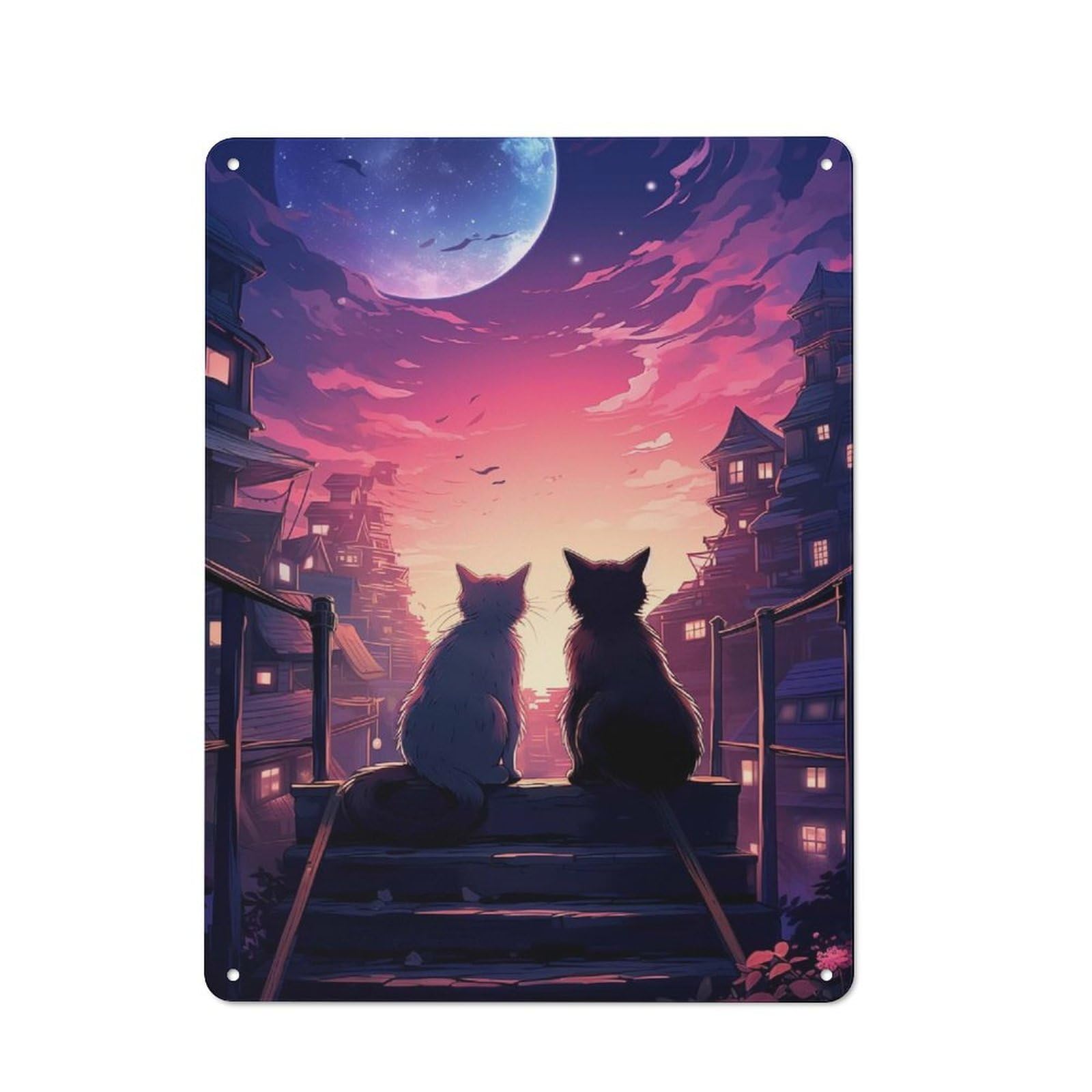 Junmoney Cat Moon Japan Metal Wall Plaque, Easy To Hang Plaque For Home Cafe, Breakfast Area Or Pantry Wall, 40X30cm