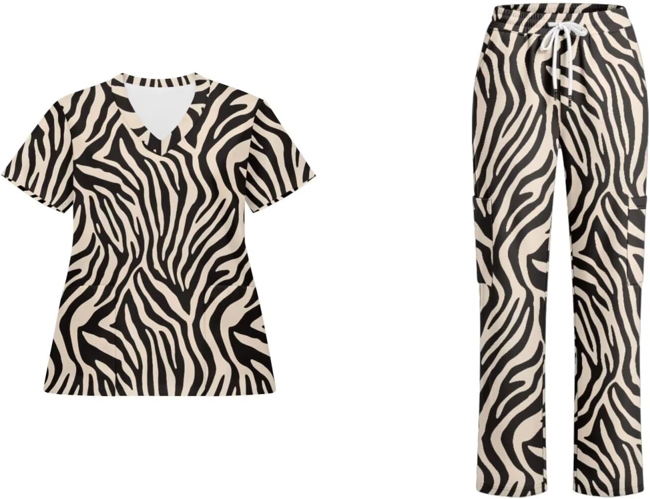 Animal Print Scrubs Set for Women Stretch V-Neck Scrub Tops with Pants, Pocket Medical Uniform for Nurse Doctor Work