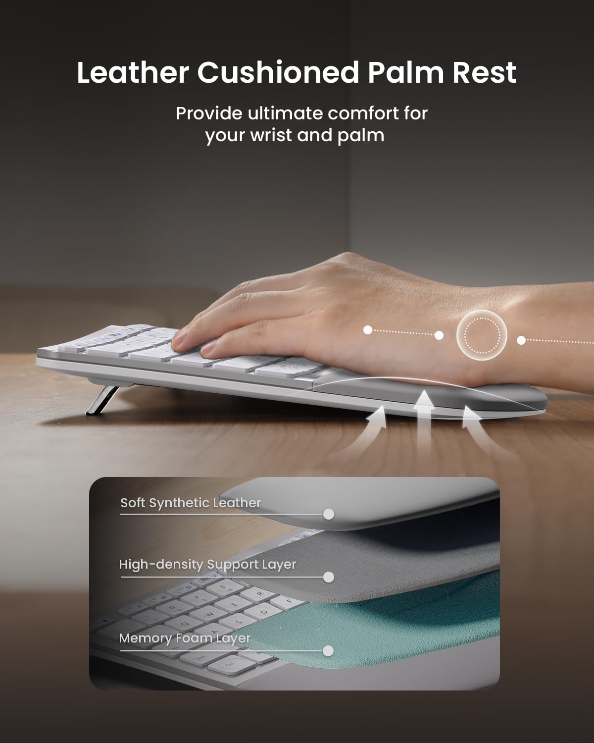 Close-up of a hand resting on the leather cushioned palm rest of the ProtoArc EKM01 Plus keyboard, highlighting the soft synthetic leather, high-density support layer, and memory foam layer.