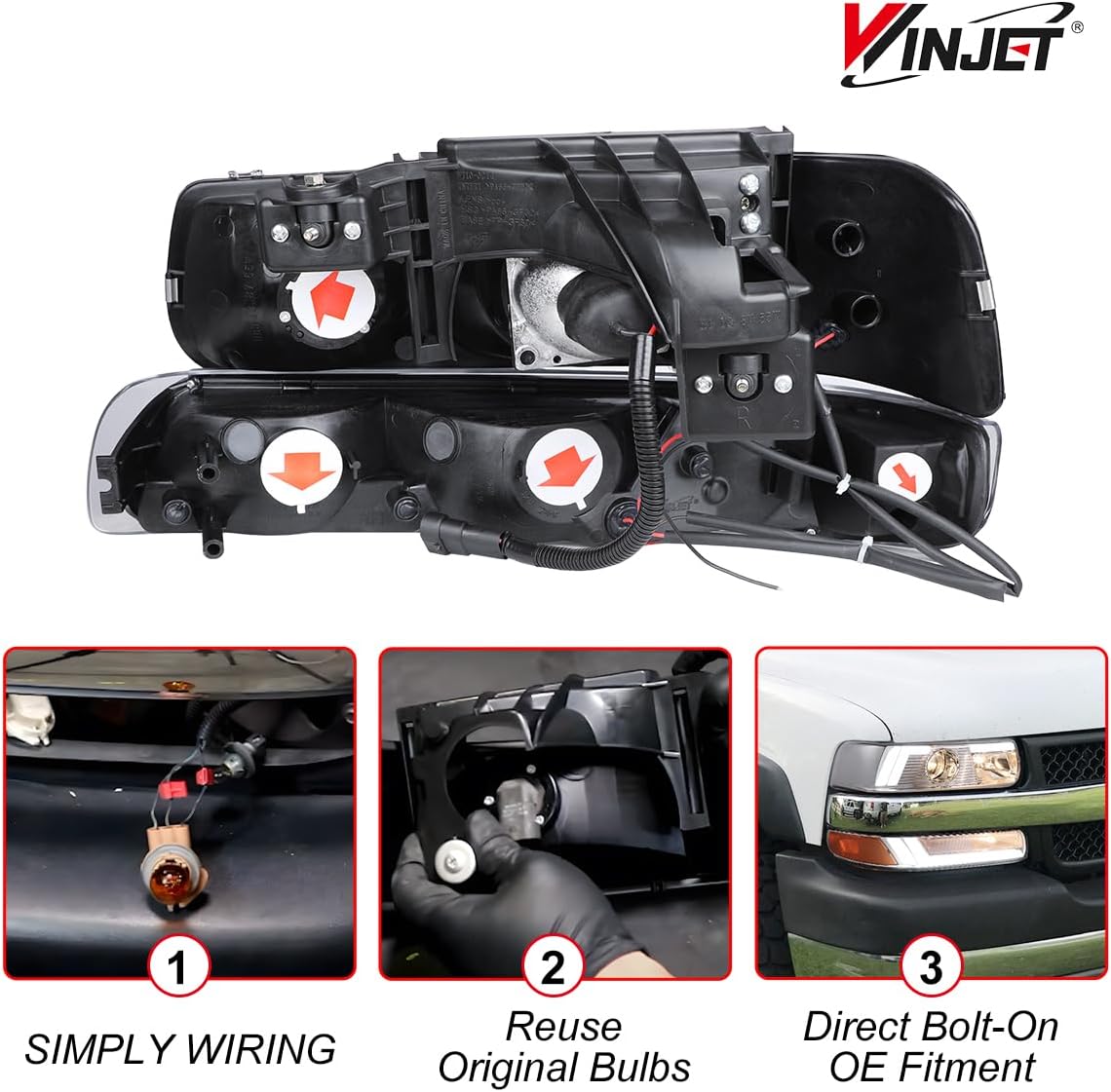 Winjet LED Headlights Assembly For 1999-2002 Chevy Silverado, Bumper Lights For 2000-2006 Chevy Tahoe & Suburban 1500/2500, LED Bar Front Lamps w/Led Running Light/High& Low Beam (Chrome/Clear)