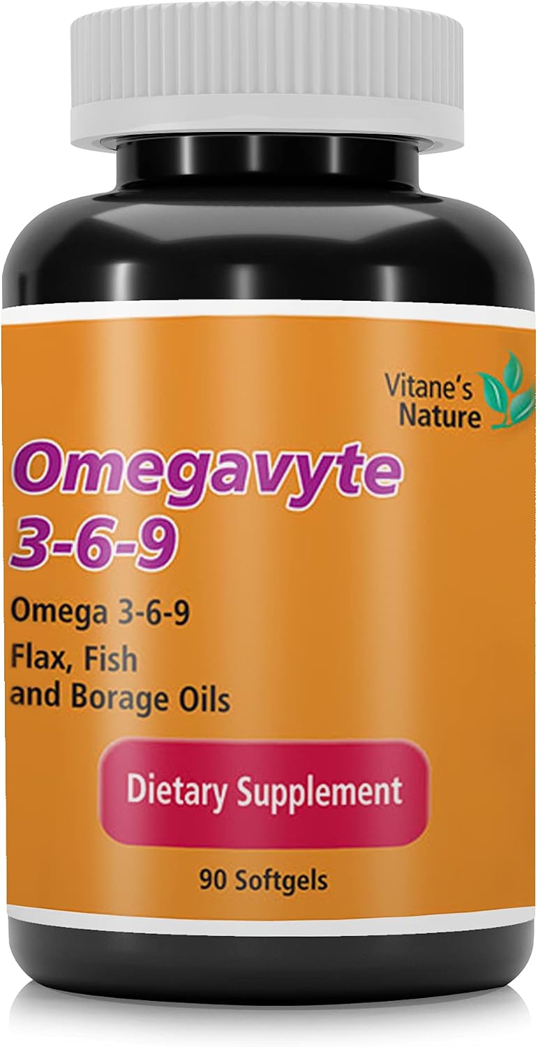 Omega 3-6-9 Complex of Fish Oil, Flax Oil, Borage Oil, Essential Fatty Acids - Supporting Cardiovascular Health & Brain Health - Gluten-Free & Non-GMO - 90 Softgels