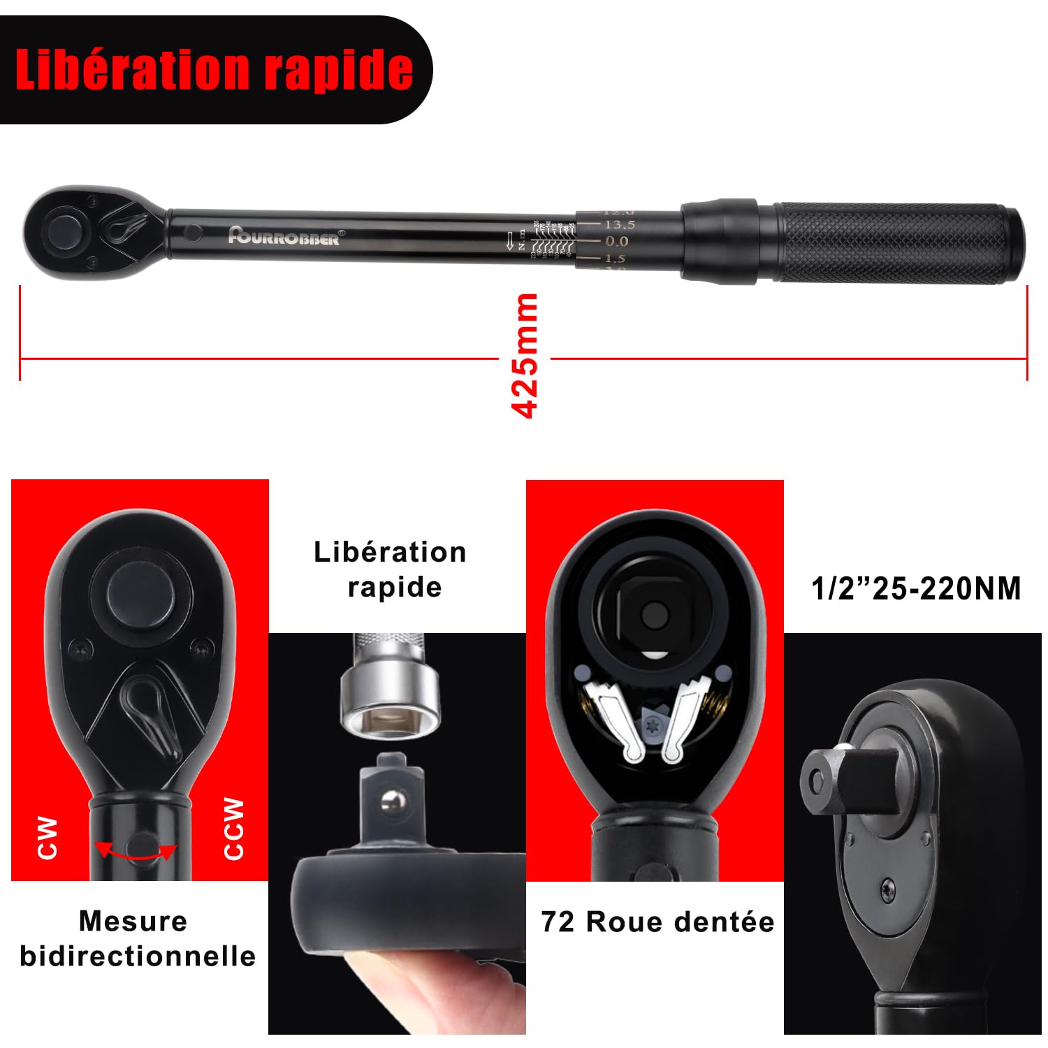 1/2" Clé Dynamométrique 25-220 Nm Précision ±4% | pour Autos,Camion,Motos vélos