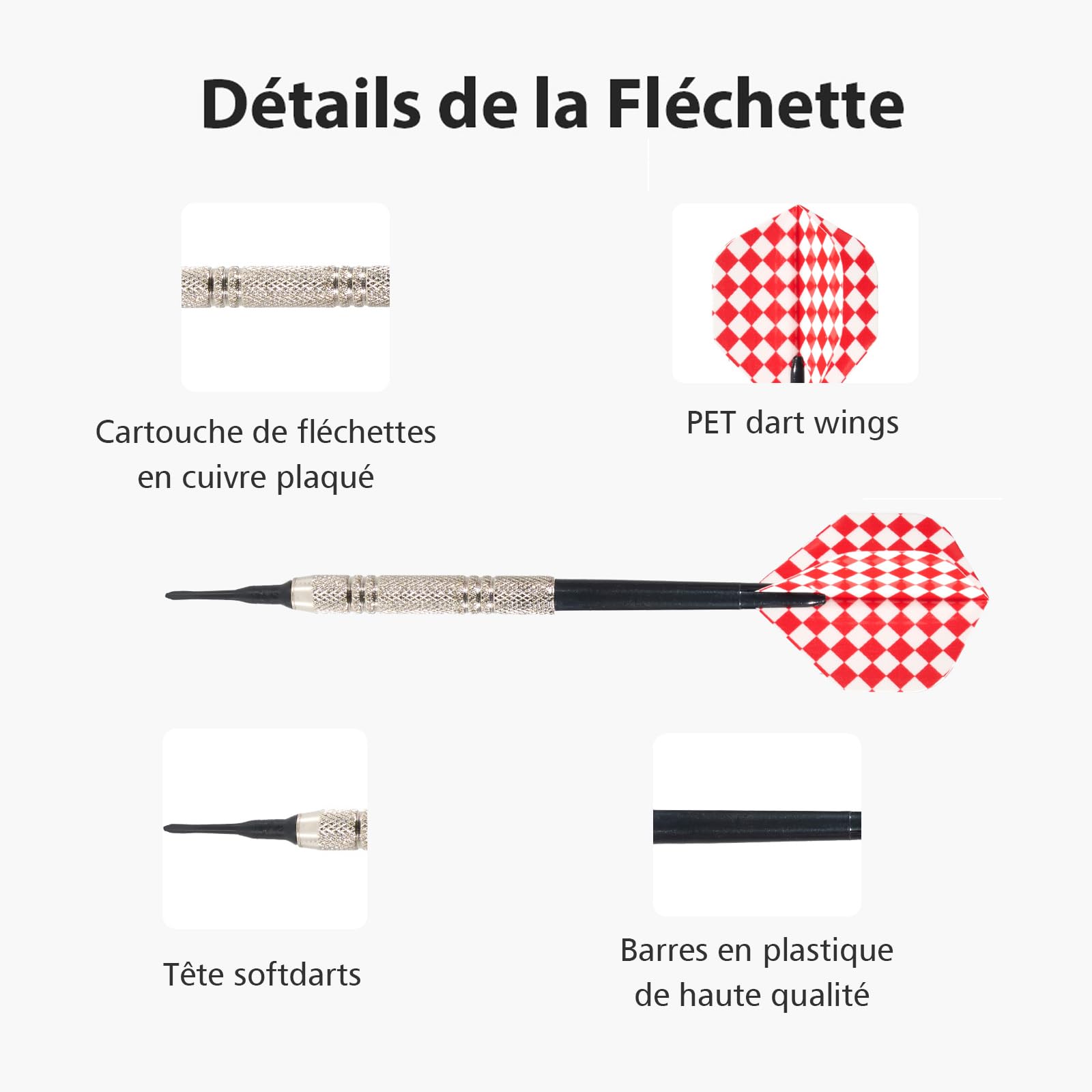 12 Flechette Pointe Plastique, Flechettes pour Cible electronique, Darts avec 100 Embouts et 12 Ailettes Remplacement