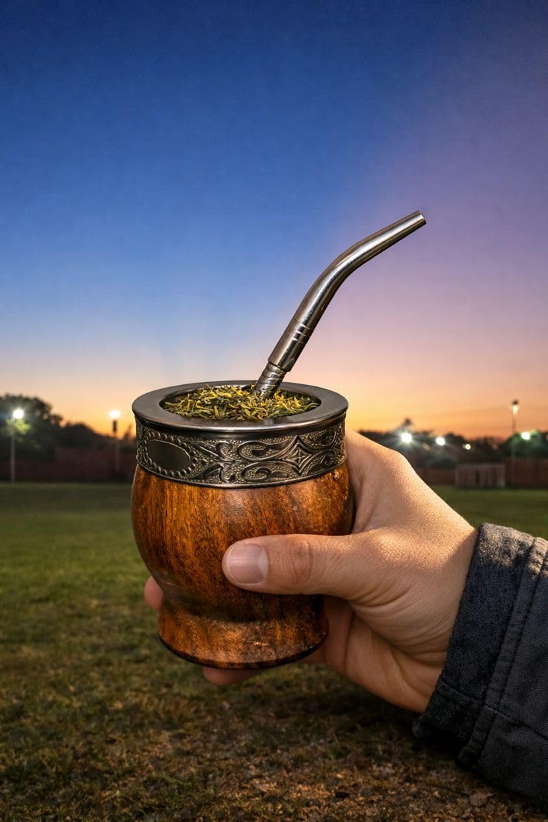 Yerba Mate Cup Set with Straw (Bombilla), Imperial Argentina-Style Mate Cup Made of Carob Wood with Alpaca Silver Band and Steel Rim, Handmade with Traditional Argentino Craft