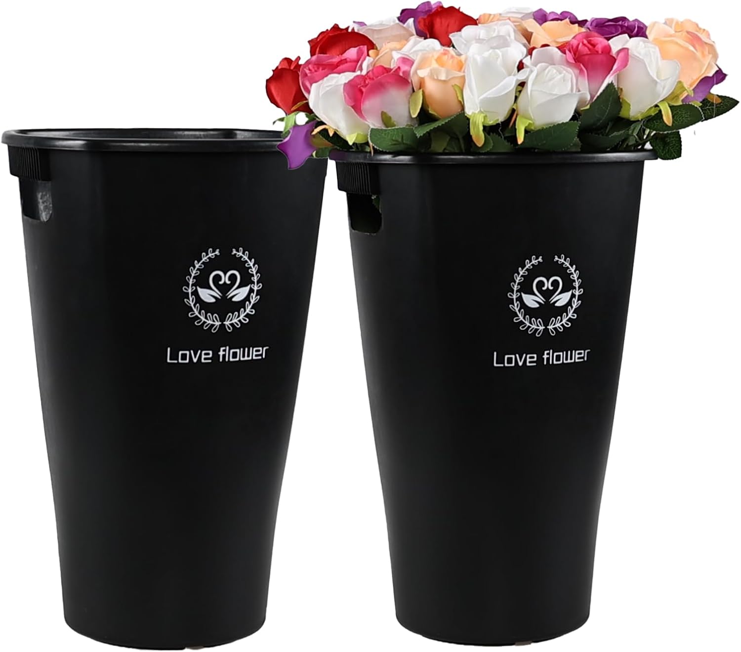 Asking 15.87" Flower Bucket Vases with Handles, Set of 4 Black Plastic Floral Tall Buckets for Home, Wedding Display Decorations