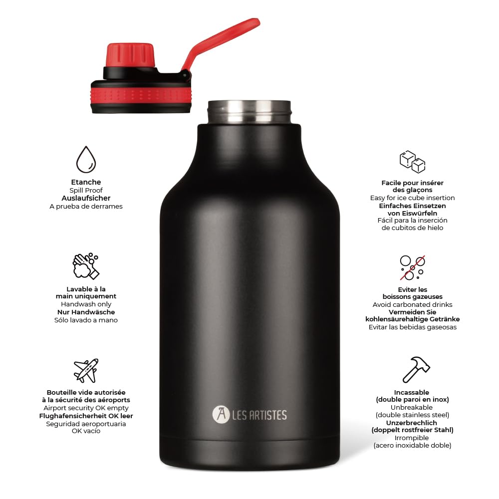 LES ARTISTES Paris A-2344 Bottle'Up 2.0, Thermos 2 litri, borraccia termica senza BPA, riutilizzabile, mantiene al caldo 12 ore e al freddo 24 ore, acciaio inossidabile, design nero