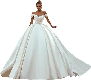 Off The Shoulder Wedding Dresses Long Ball Gown A-Line Satin Bridal Gown for Women
