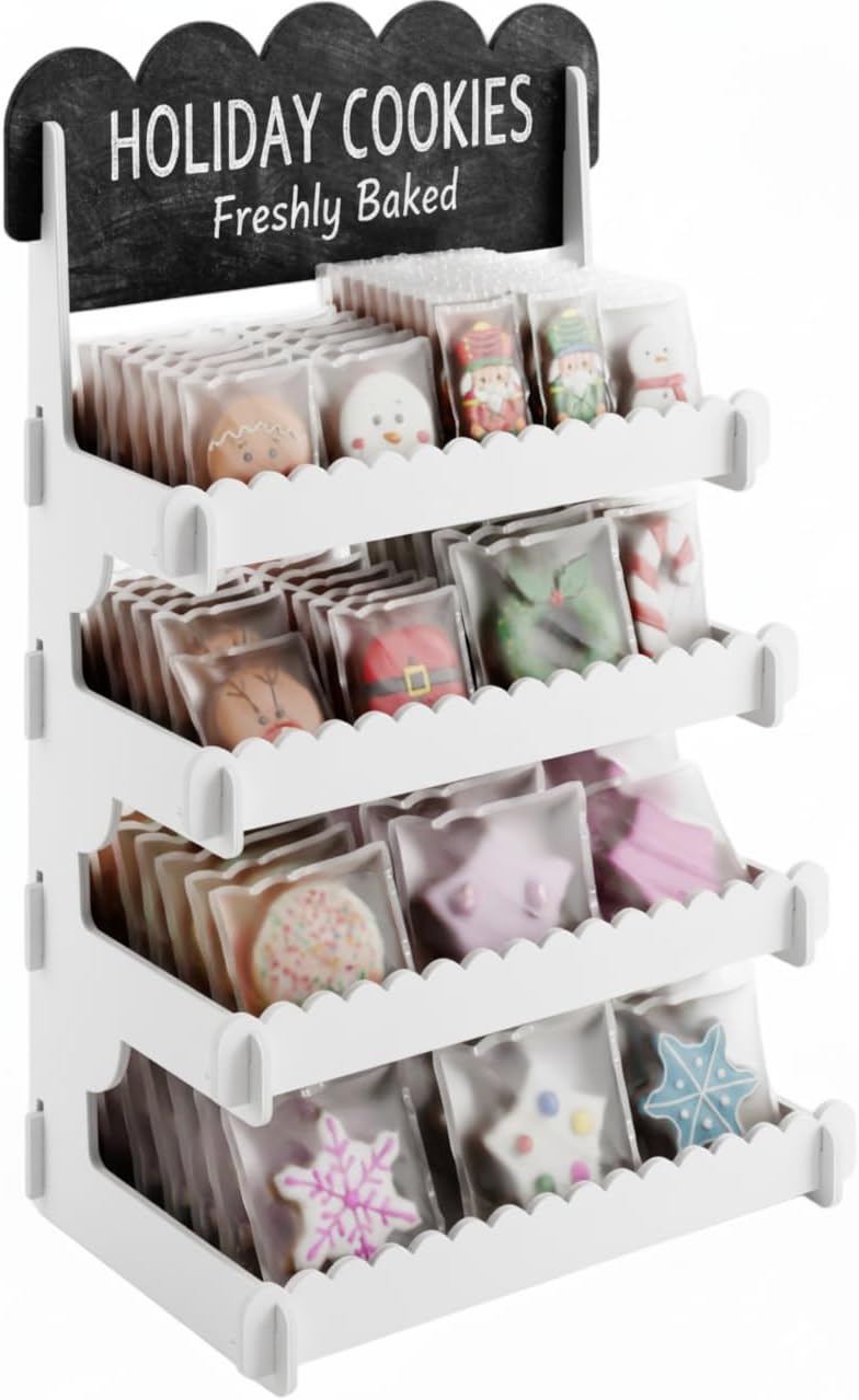 HOTCAN Cookie Display Stand for Bakers & Vendors - Wooden Cookie Stand with Chalkboard Sign for Market Booths, Craft Fairs & Events - Tiered Cookie Display for Cupcakes, Muffins & Pastries 4 Tier (White)
