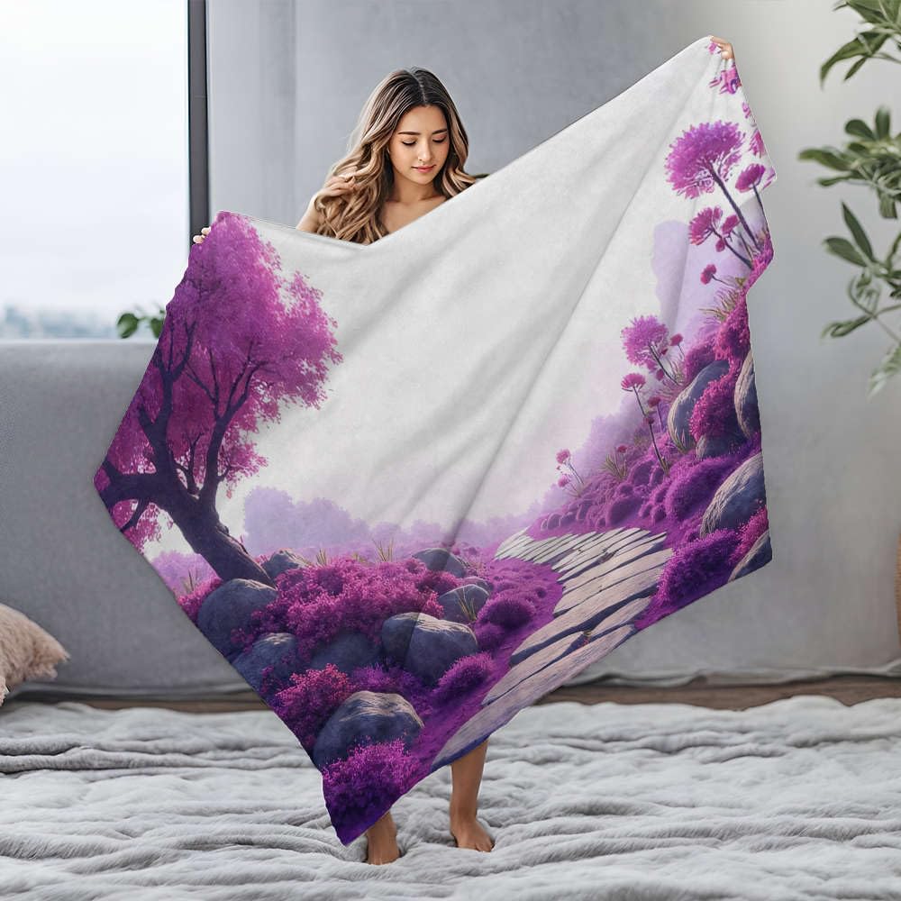 Couverture grand lit fleurs violettes en flanelle blanche pour vos soirées cocooning