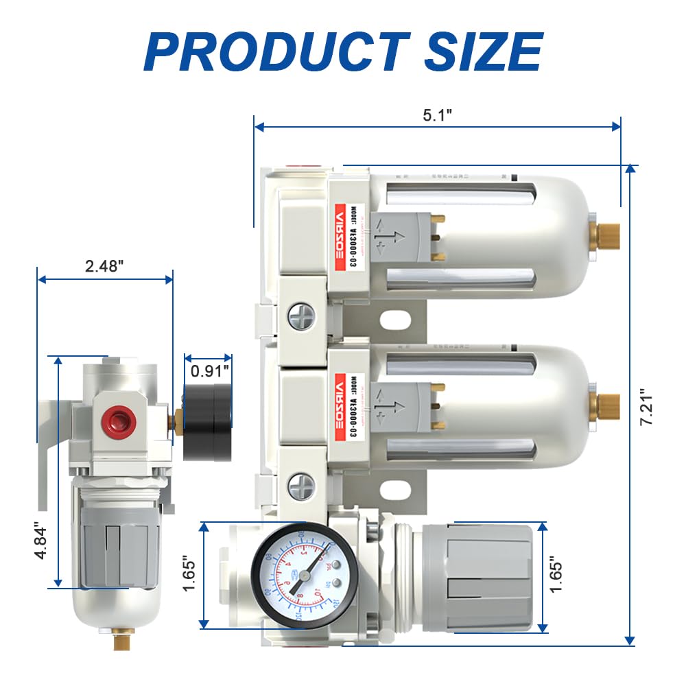 AIRZOE 3/8" NPT Air Dryer for Compressor-Air Compressor Water Separator AC3110-03,Double Air Compressor Filter,Air Pressure Regulator Combo,5 Micron Brass Element,Semi-Auto Drain,0-145 psi Gauge — Amazon image 2
