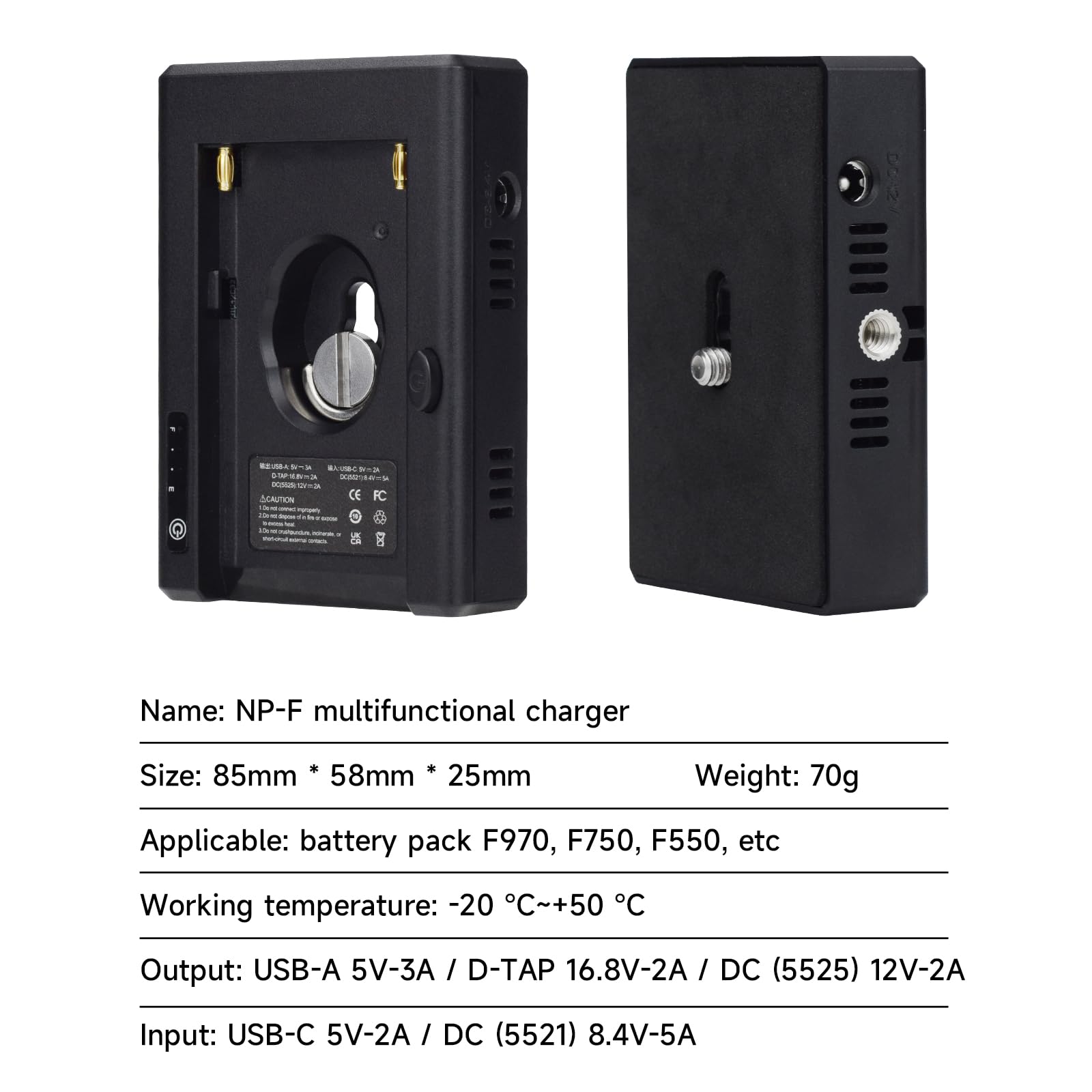 NP-F Piastra adattatore per batteria Sony NP-F980, 970, 750, 550, con ingresso di tipo C, D-Tap, USB-A, 12 V DC / 8,4 V DC con supporto da 1/4" per l'alimentazione di telecamere
