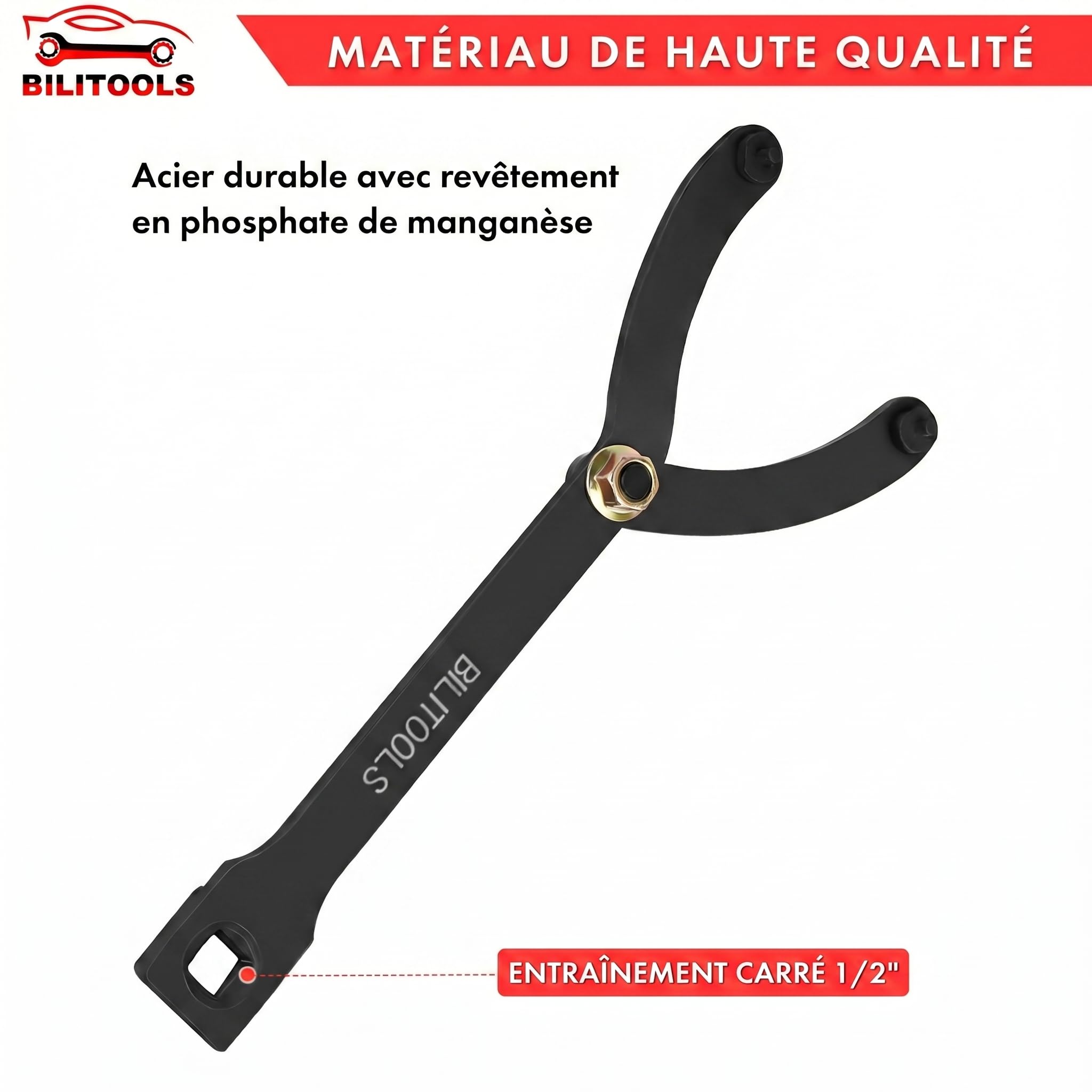 BILITOOLS Clé Maintien Poulie 1/2 Pouce Réglable avec Goupilles | Outil poulie vilebrequin avec entraînement 1/2", goupilles interchangeables pour courroies accessoires et moteurs auto