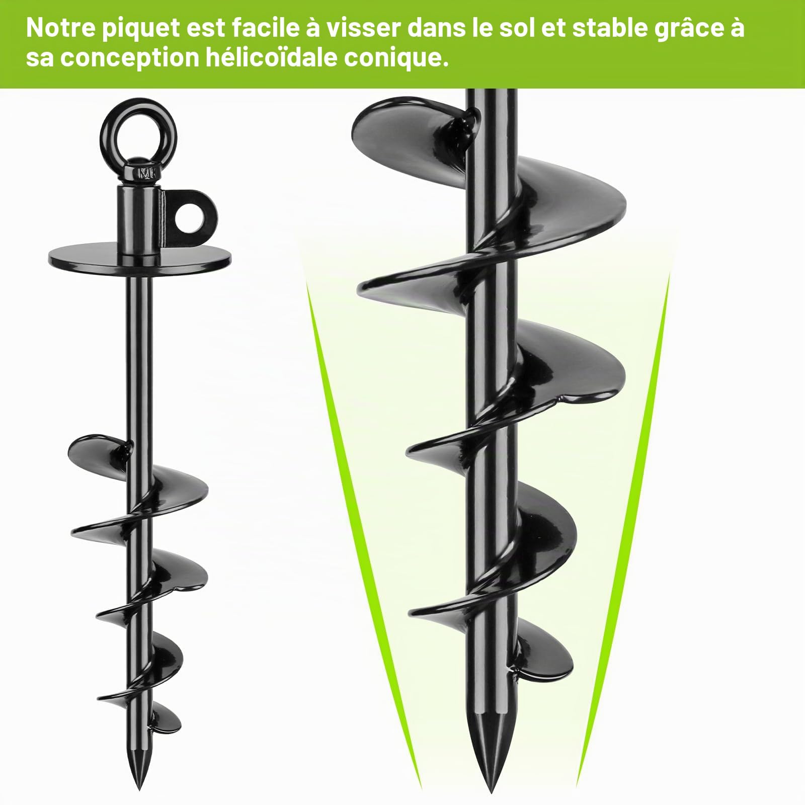 Piquet d'attache robuste pour chiens (100 kg), sans nœuds, facile à installer et à enlever, idéal pour la cour, le camping et la plage (noir)