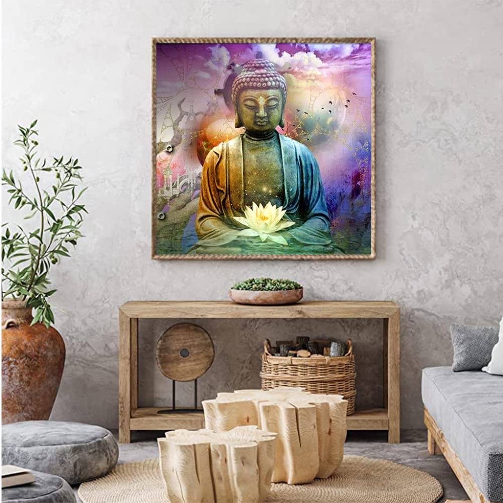 DCIDBEI 5D Diamond Painting Kit – Buddha Colorato E Loto Dorato, Tela 40x40 Cm, Quadro Rilassante Fai-da-Te Per Adulti