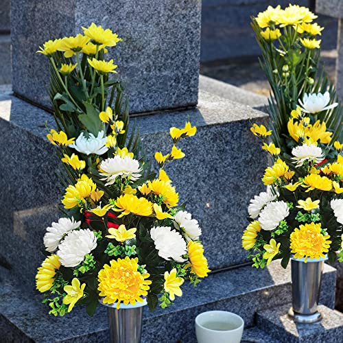 Firlar White And Yellow Artificial Chrysanthemum Cemetery Flowers, 27.6 Inch Fake Flower Branches With Green Leaves Grave Decorations Silks Chrysanthemum Bouquet For Outdoor Grave #TOP4