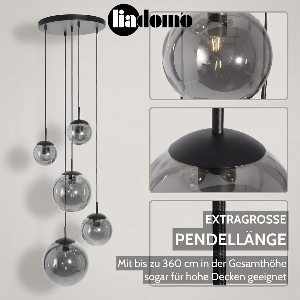 Pendelleuchte Vetro, Glas Hängelampe 5-flammig, rund, Schwarz | Modern, bis 320 cm höhenverstellbar, Esszimmer, Wohnzimmer, Treppenhaus, Ø 38 cm, Rauchglas, Cluster, Leuchtmittel inklusive
